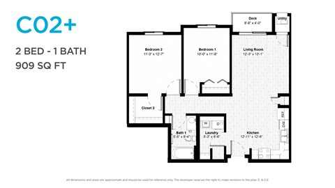 Floor plan for 2 beds, 1 bath, 892 sqft